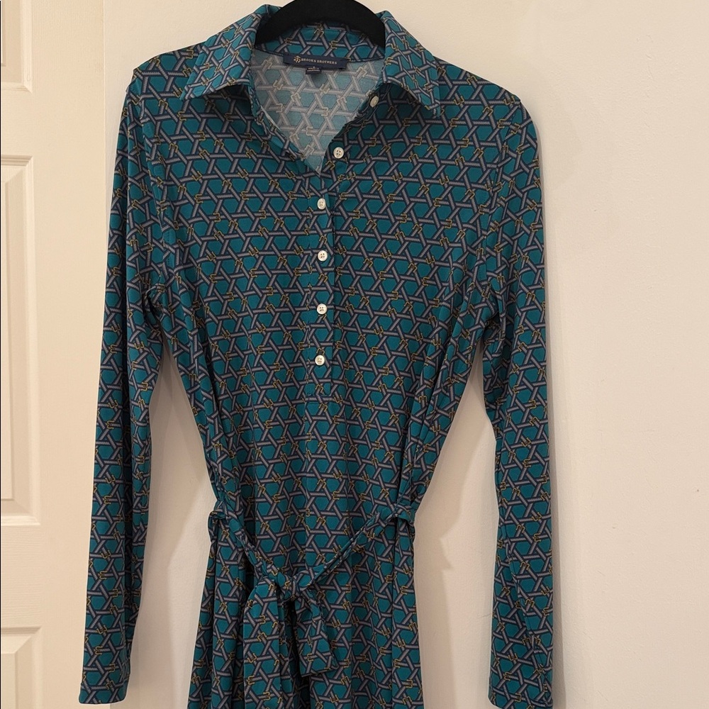 Brooks Brothers Teal and Black Geometric Long Sleeve Dress